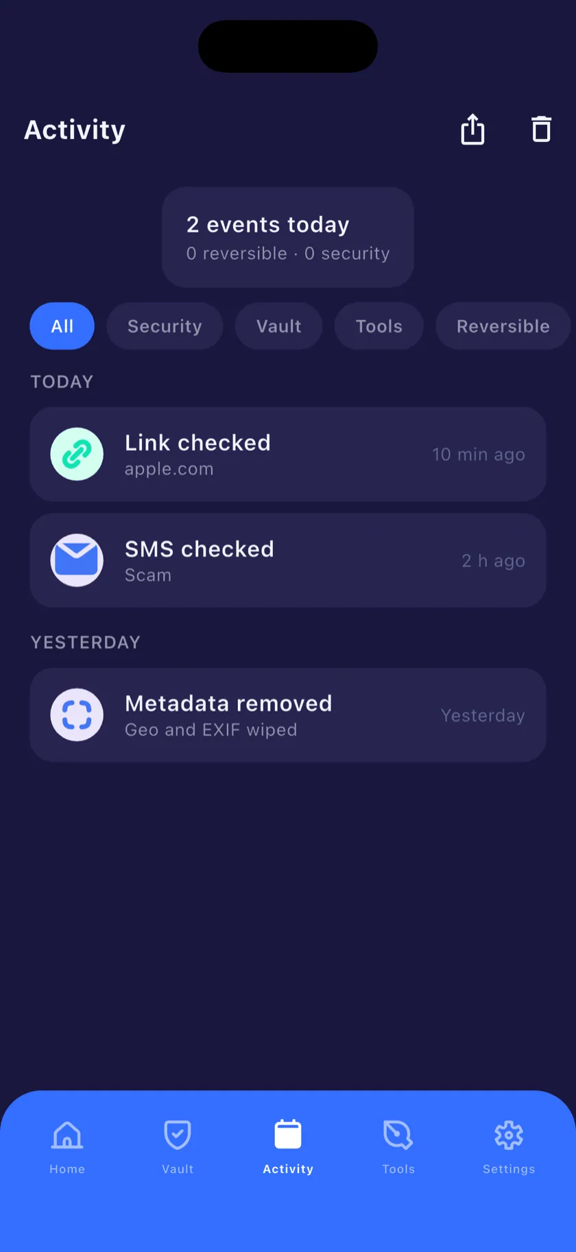 The activity log grouped by day with filters