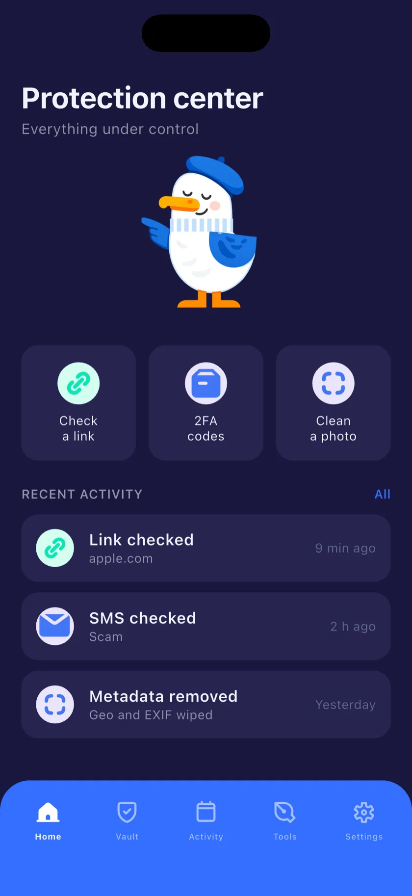 The Wing Secure home screen — Protection center