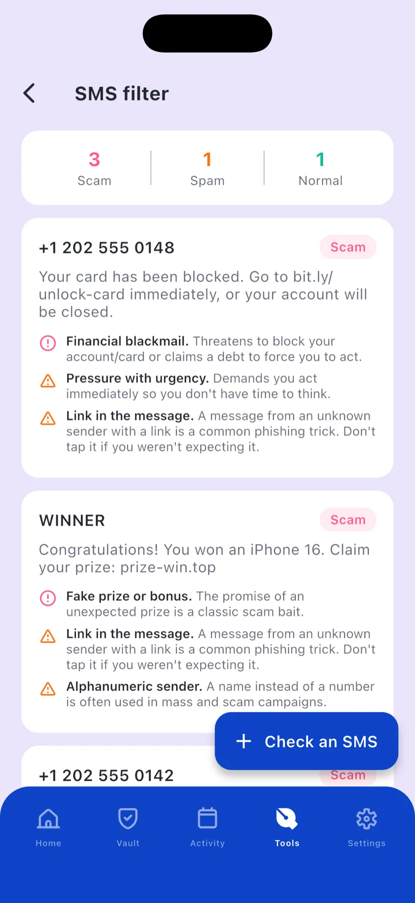 The SMS filter showing scam messages with the reasons they were flagged