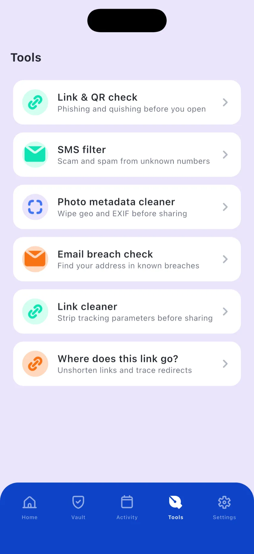 The tools list: link check, SMS filter, metadata cleaner, breach check