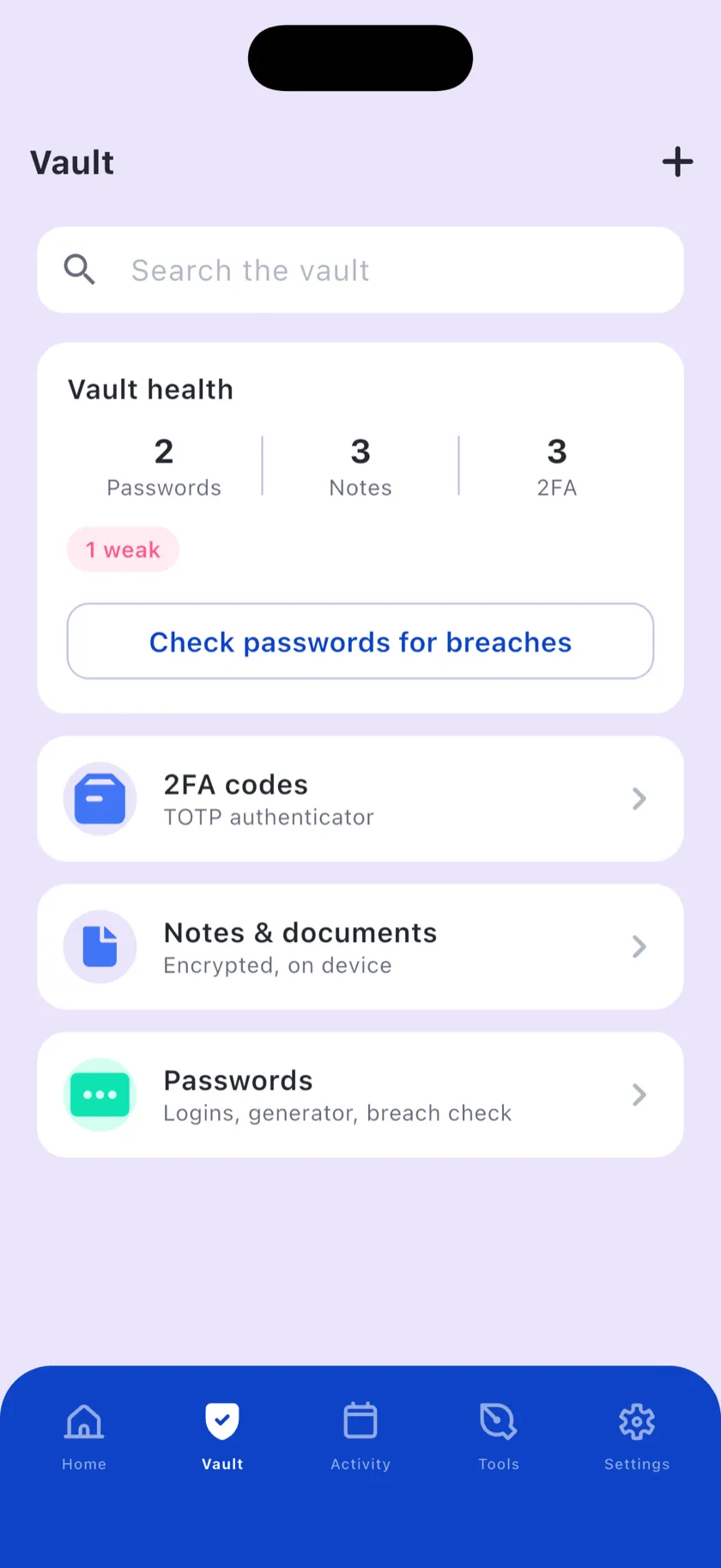 The encrypted vault: passwords, notes and 2FA codes